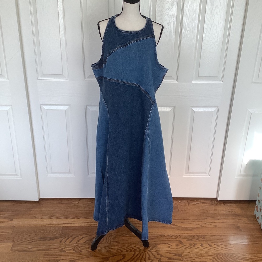 Reiss Indigo Wilder Patchwork Denim Maxi Dress US 14 Zip Back A Line NWT